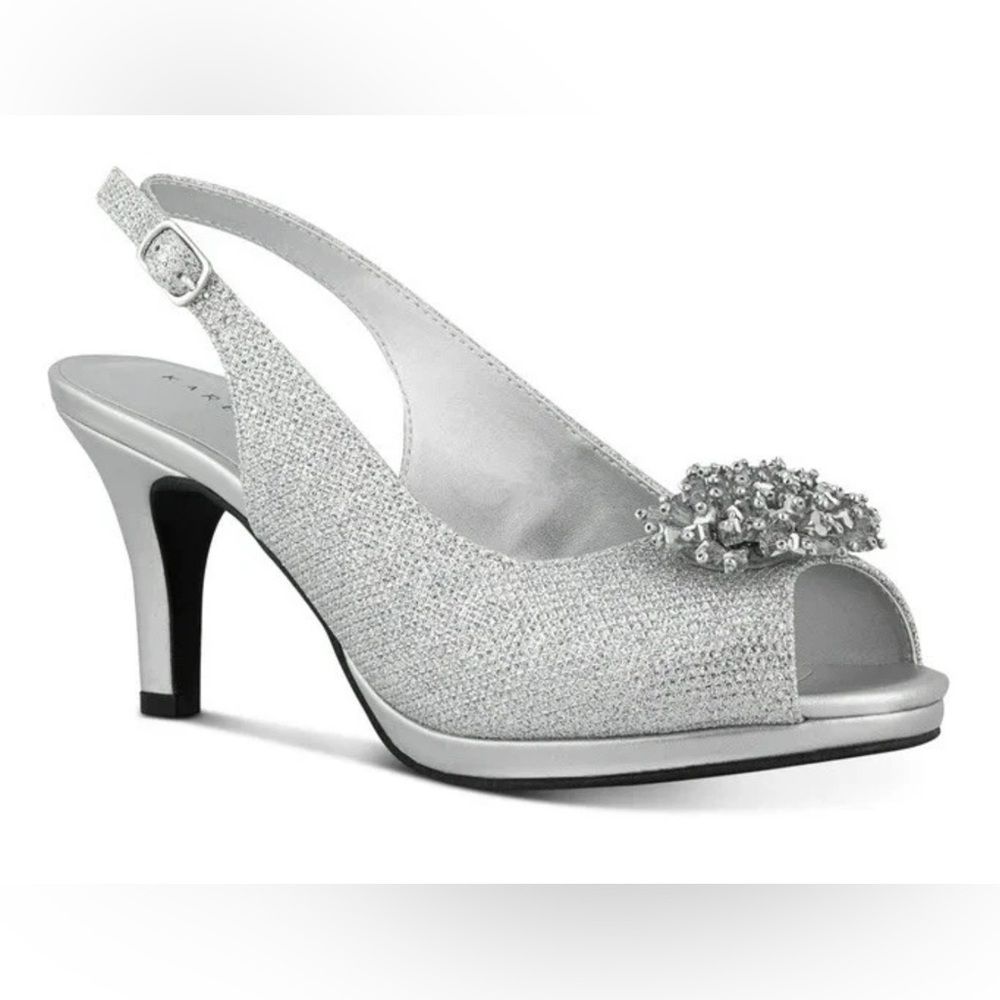 Karen Scott Womens Breena Shimmer Open Toe Heel Sandals Silver 6.5 W Medium New